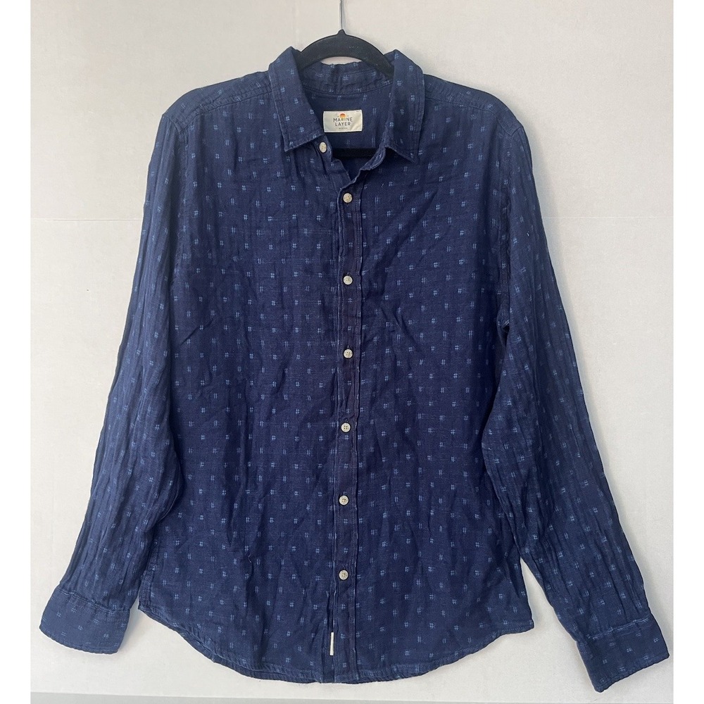 Marine Layer Button Down Slub Cotton Beach Shirt Mens M Navy Blue Minimalist